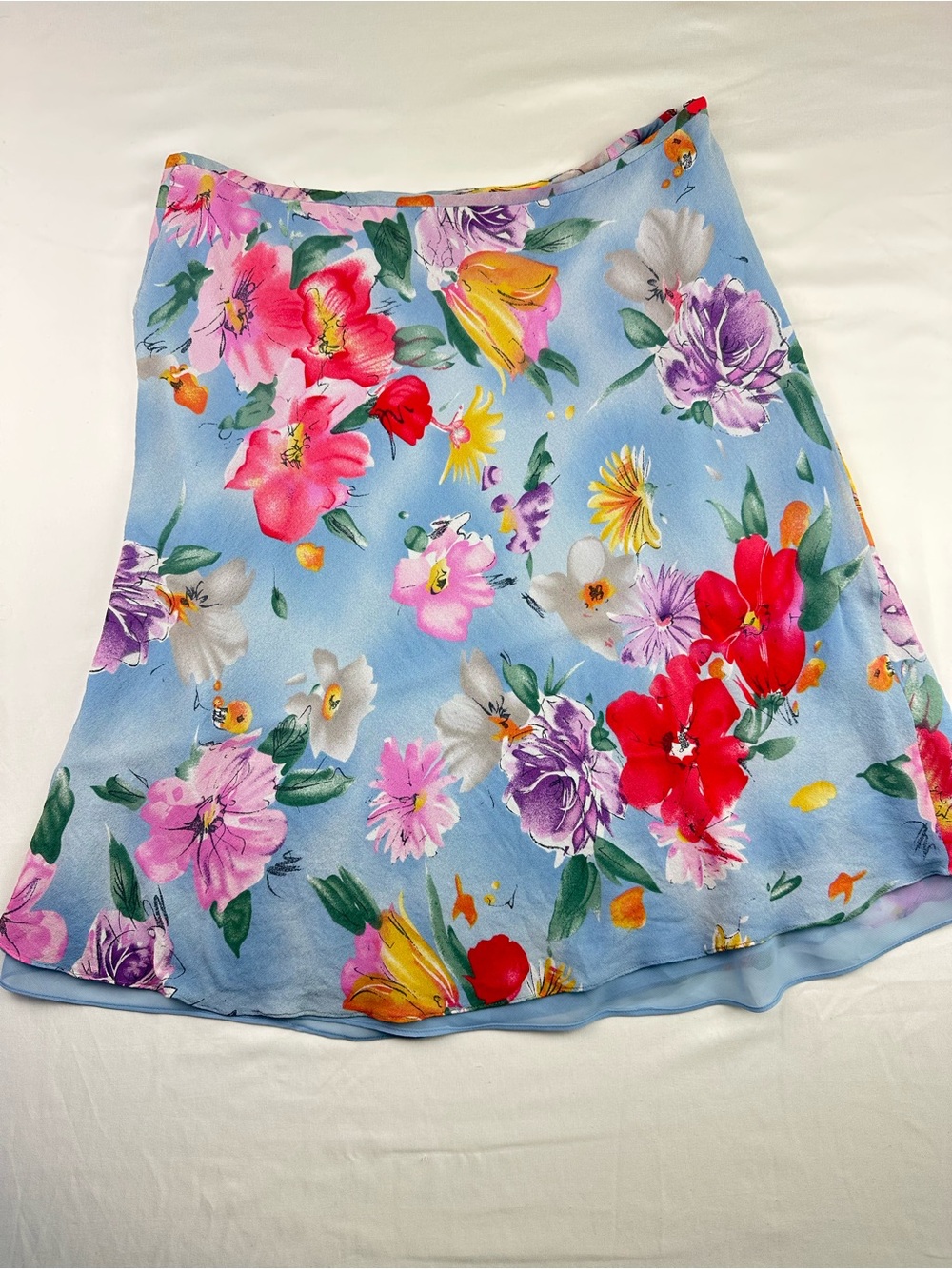 Ralph Lauren Silk Floral Midi Skirt Blue Watercolour A-Line Summer Wedding Slip